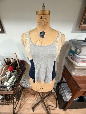 just ginger Grey Tank with Navy Side Panels & Cream Lace